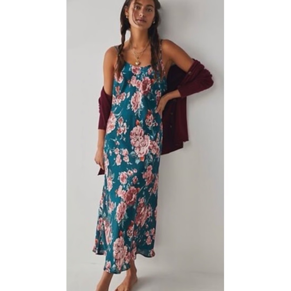 Free People Easy to Love Teal and Pink Floral Midi Slip Dress